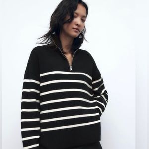Zara Striped Sweater Black and White with Zip